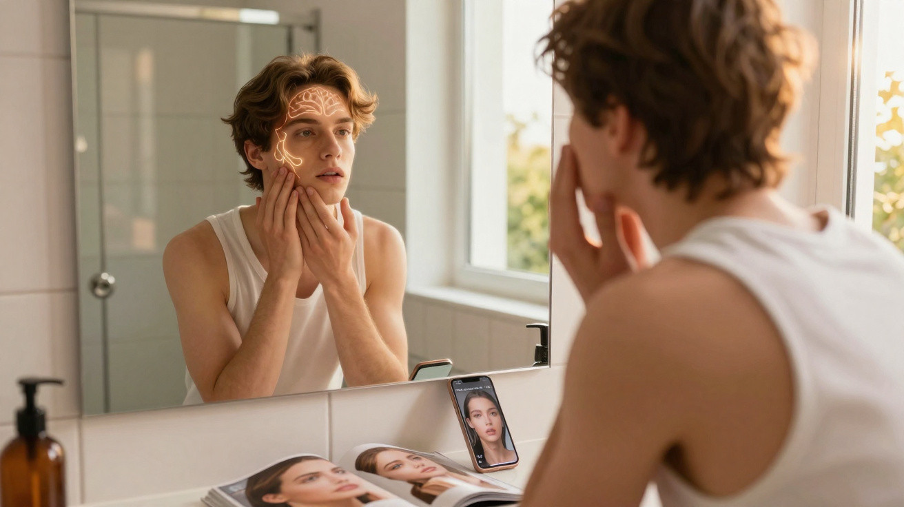Jovem a olhar para o espelho aplicando cuidados faciais, com desenhos de linhas iluminadas no rosto.