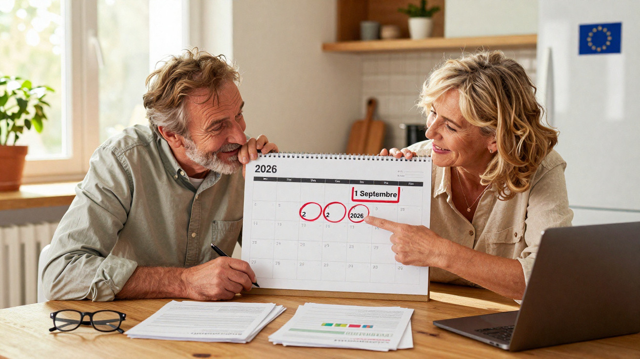 Casal maduro sentado à mesa, sorrindo e a mostrar um calendário com datas assinaladas em setembro de 2026.