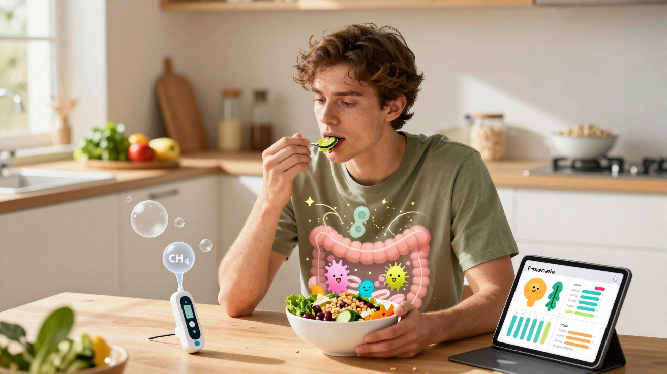 Jovem a comer salada na cozinha com ilustração do sistema digestivo e dispositivo de monitorização gás intestinal.