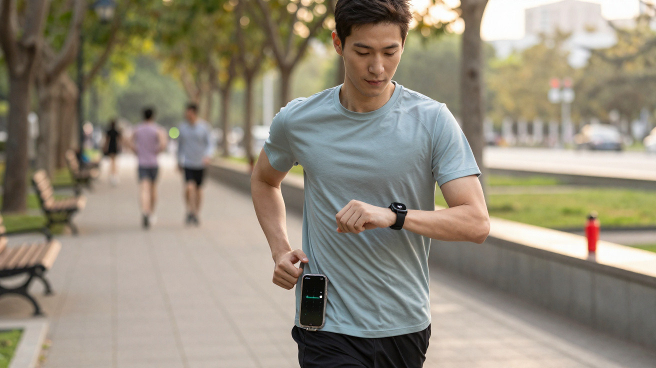Homem a correr num parque urbano, a olhar para o relógio inteligente no pulso.
