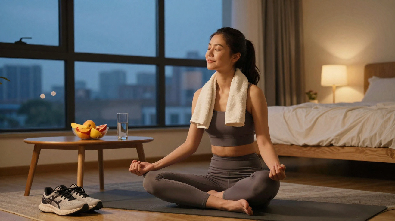 Mulher jovem a meditar sentada em posição de yoga dentro de casa, com toalha ao pescoço e roupa desportiva.