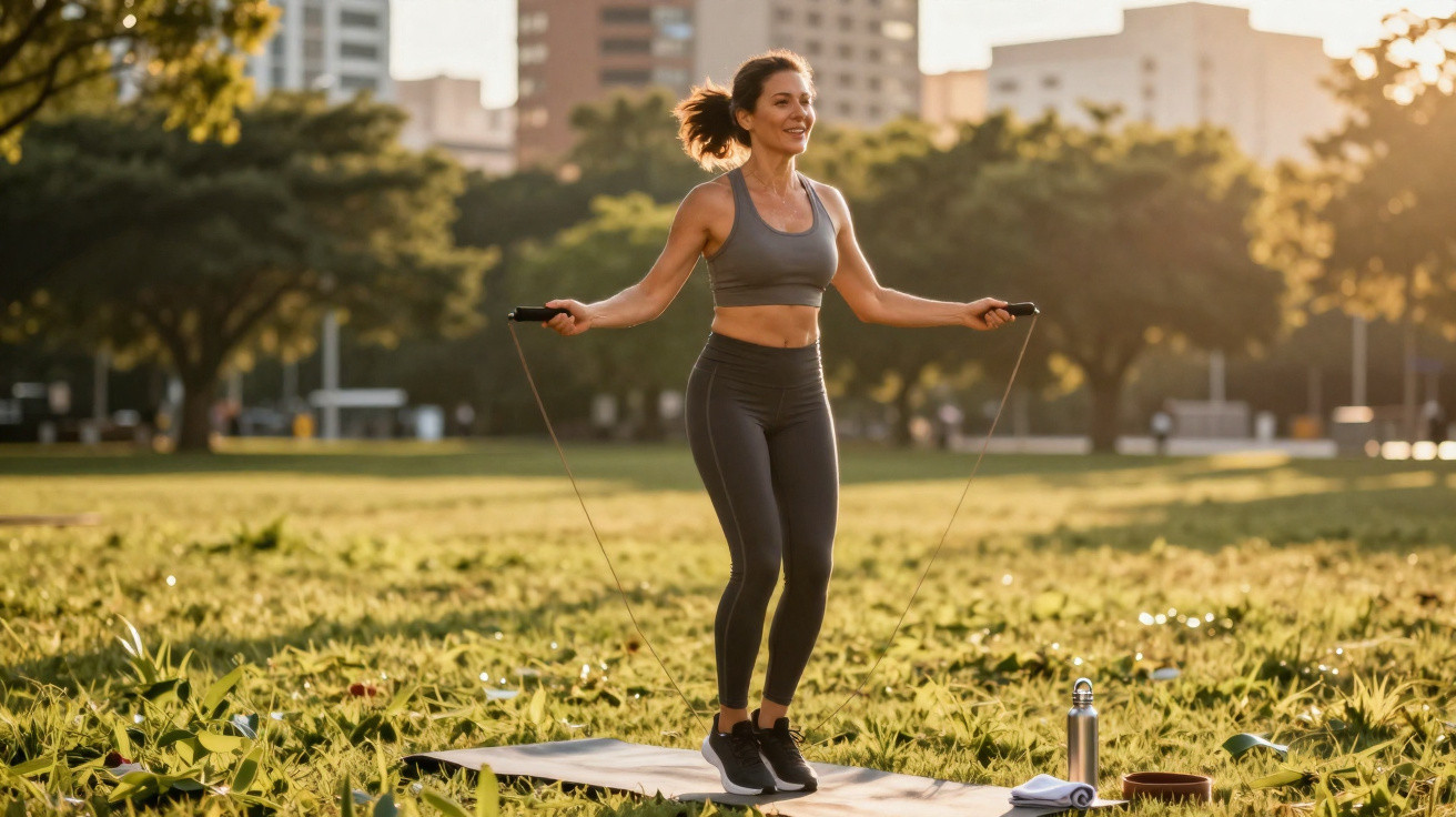 Mulher a saltar à corda num parque urbano ao nascer do sol, vestida com roupa desportiva cinzenta.