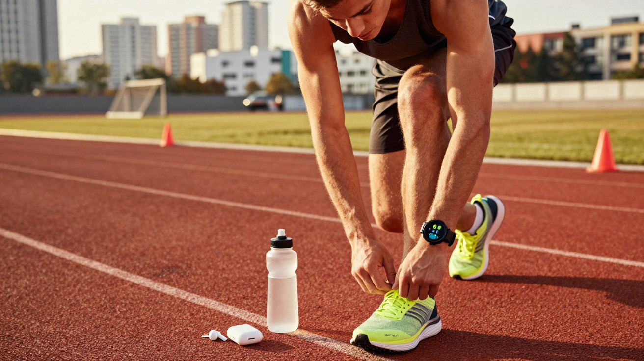 Atleta a amarrar os atacadores de ténis amarelos numa pista de atletismo com garrafa de água e auriculares.
