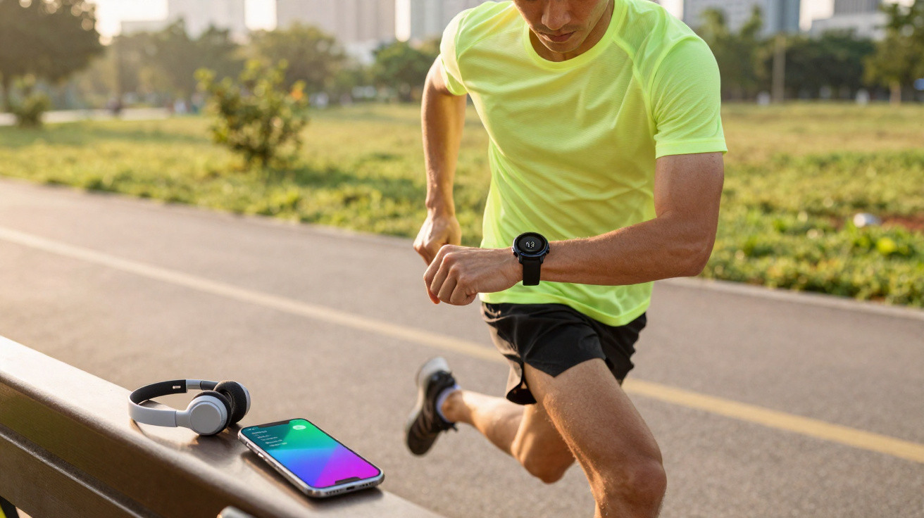 Homem a correr no exterior com equipamento desportivo, a olhar para o relógio inteligente no pulso.