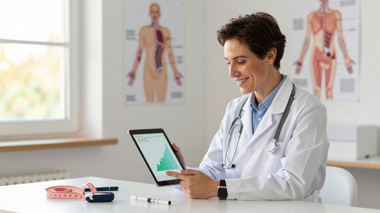Médica sorridente em consultório analisa gráfico num tablet, com material médico na mesa e posters anatómicos na parede.