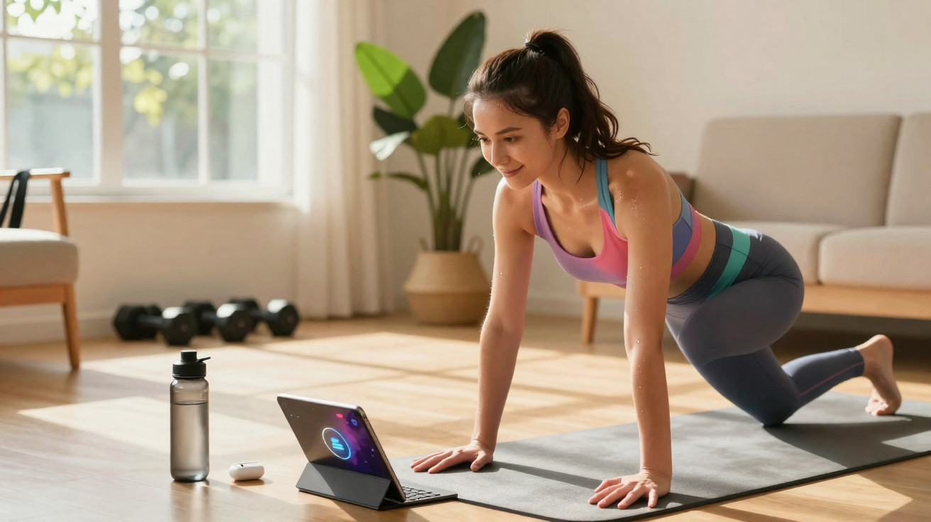 Mulher jovem a fazer exercício de yoga em casa a seguir vídeo num tablet com garrafa de água ao lado.
