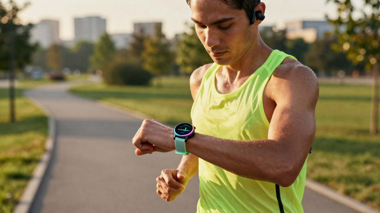 Homem a correr ao ar livre a verificar frequência cardíaca num relógio inteligente.