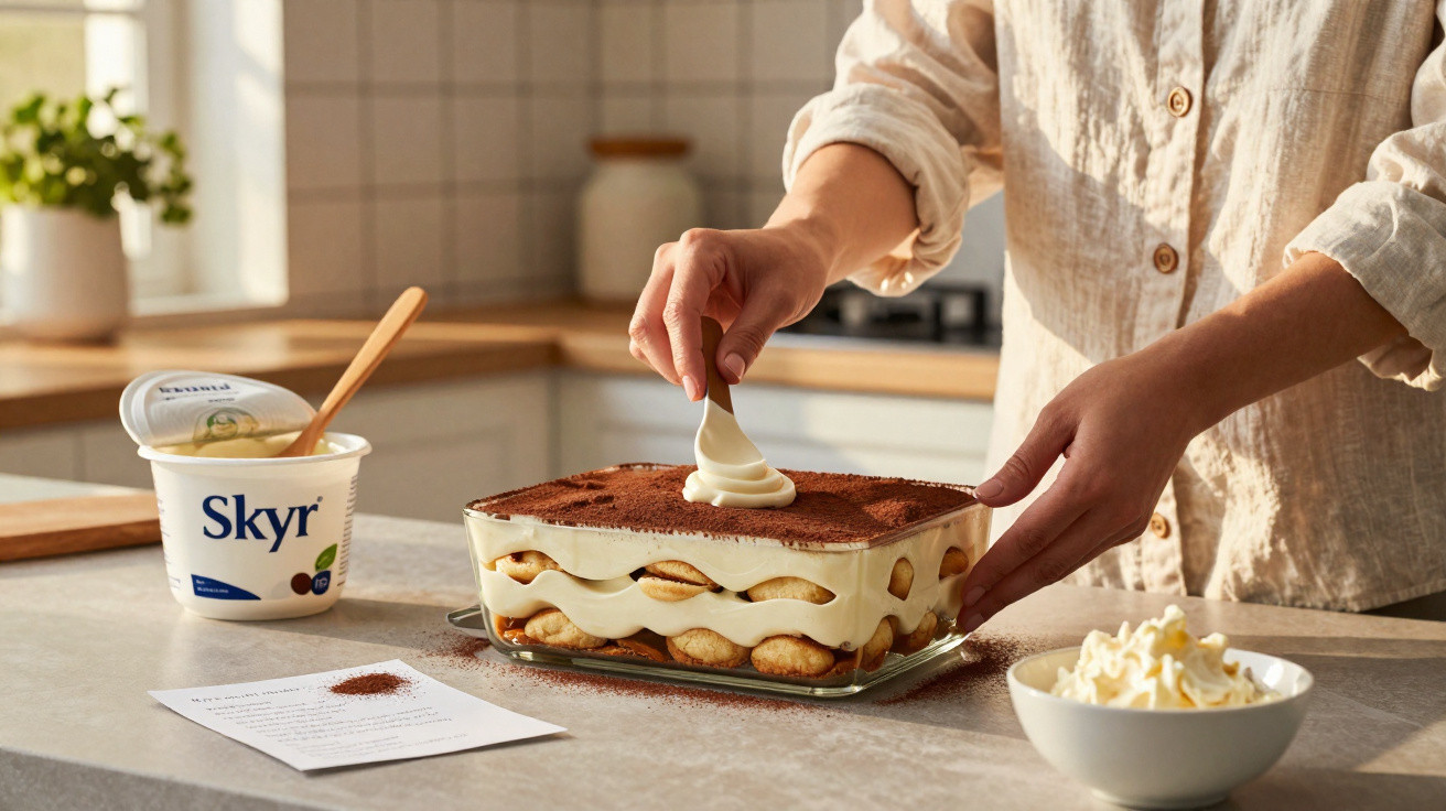Pessoa a preparar tiramisù com creme Skyr numa cozinha luminosa, com ingredientes e receita na bancada.