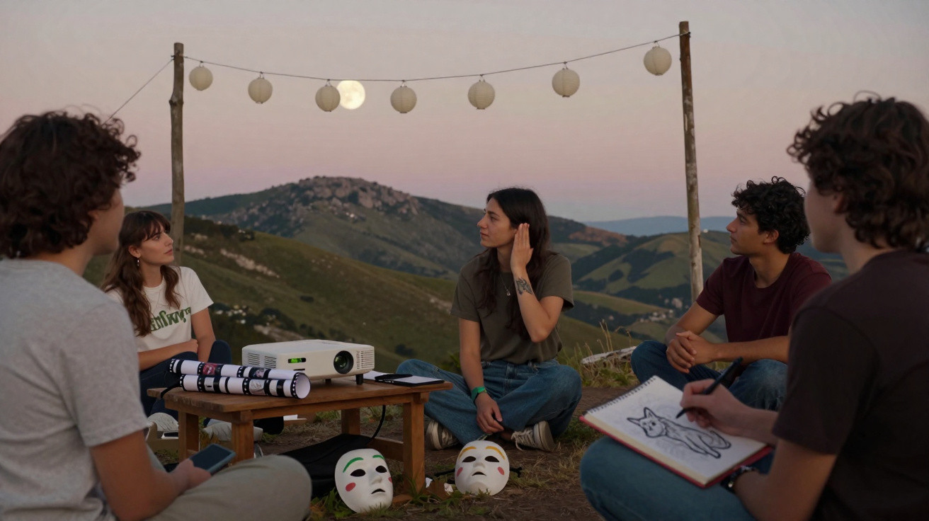 Grupo de jovens sentados ao ar livre com projetor e máscaras, rodeados por montanhas ao pôr do sol.