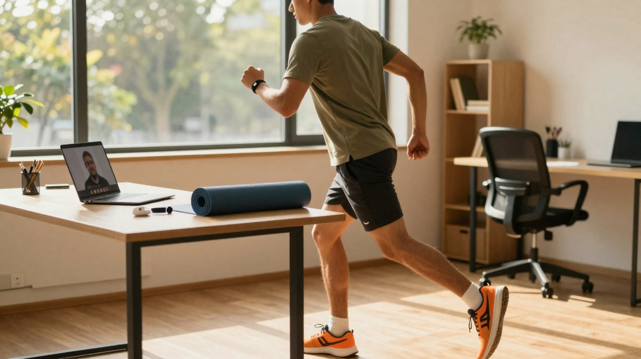 Homem a exercitar-se em casa com ténis laranja, a assistir a treino virtual num portátil sobre a mesa.