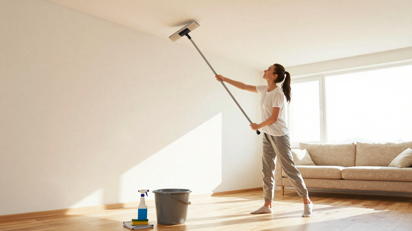 Mulher a limpar o teto com esfregona num quarto luminoso com sofá e balde no chão.