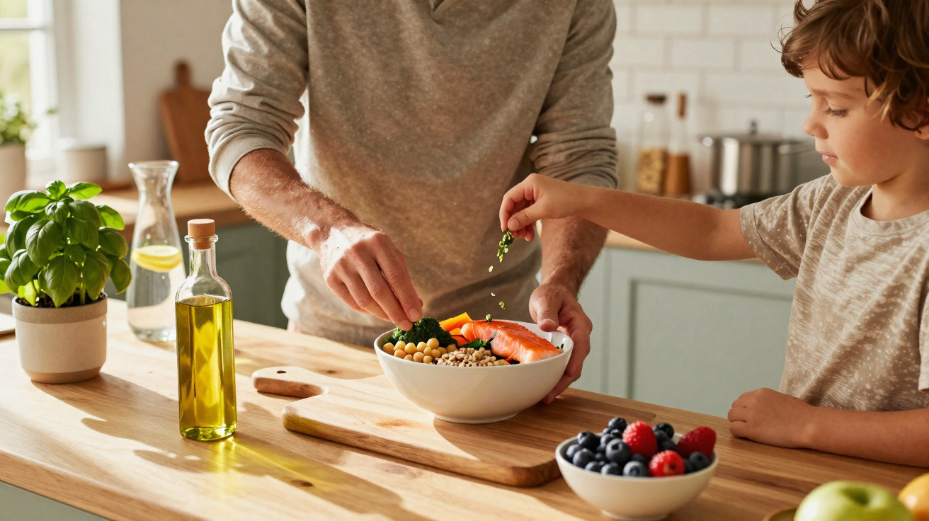 Crianças e adulto a preparar salada saudável numa cozinha moderna e iluminada.