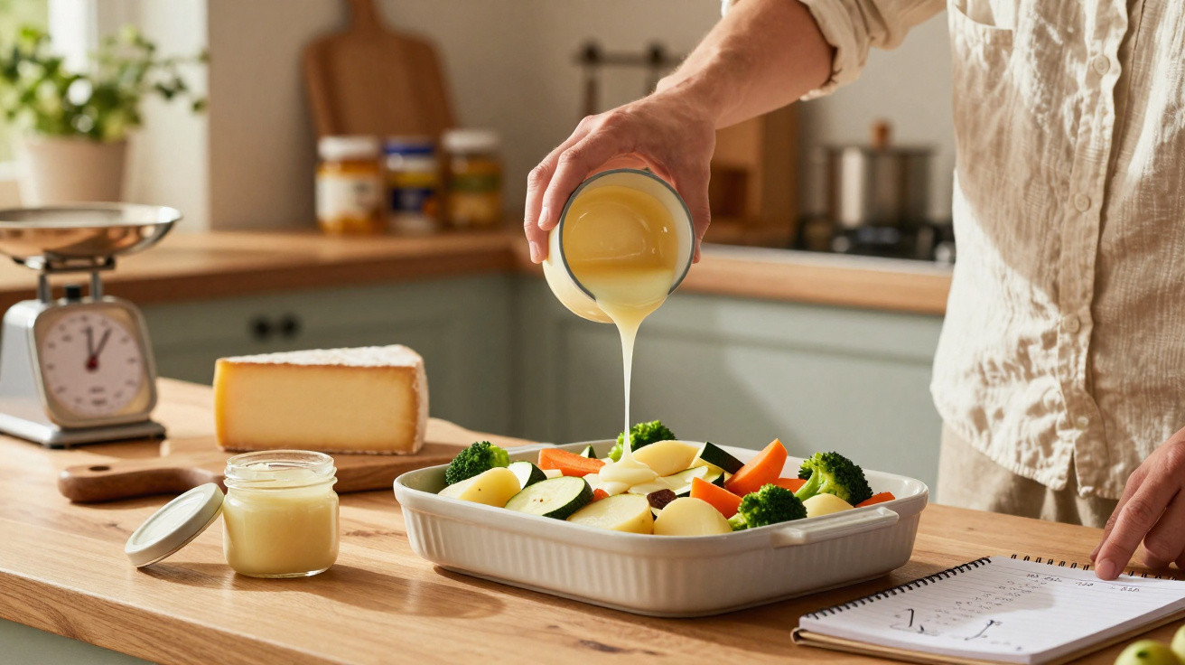 Pessoa a verter molho cremoso sobre legumes cortados numa mesa de cozinha com queijo e caderno.