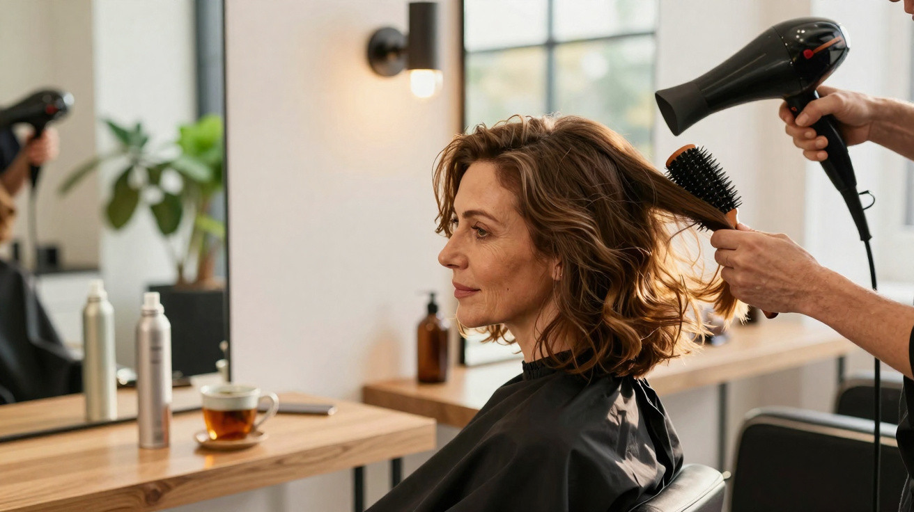 Mulher com cabelo ondulado a ser seca e penteada num salão de cabeleireiro moderno e iluminado.