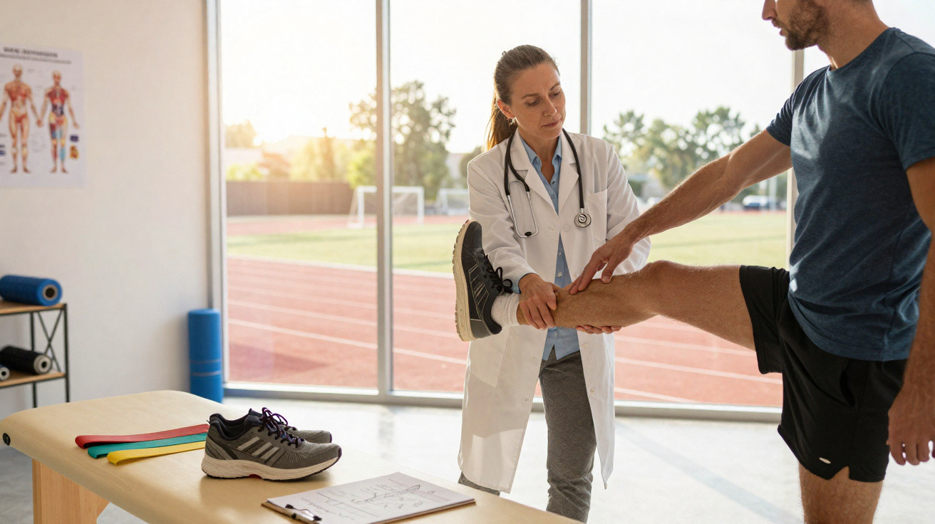 Médico avalia mobilidade da perna de paciente desportivo numa consulta de fisioterapia e reabilitação.