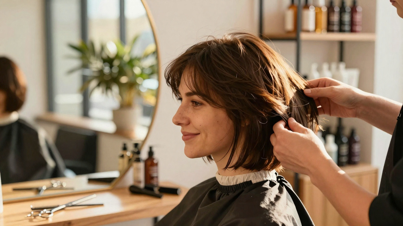 Mulher a sorrir no cabeleireiro enquanto profissional penteia o seu cabelo castanho curto.
