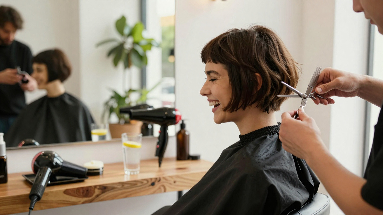 Mulher sorridente a cortar cabelo curto num cabeleireiro moderno com plantas ao fundo.
