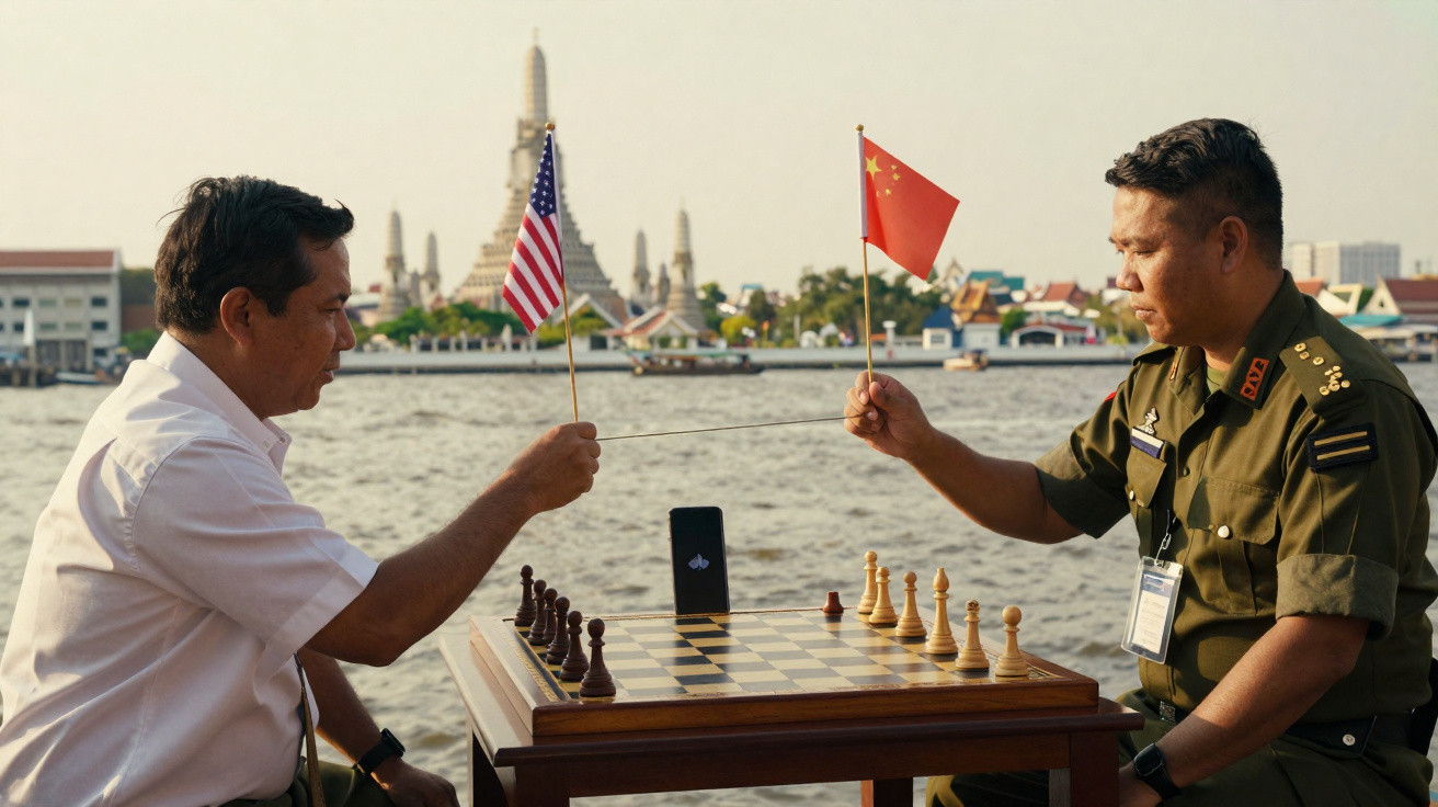 Dois homens sentados ao ar livre jogando xadrez com bandeiras dos EUA e China à beira de um rio.
