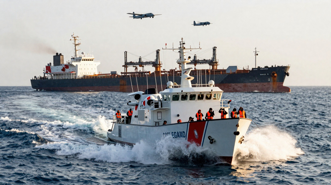 Barco da guarda costeira em alta velocidade no mar com navio de carga e dois aviões militares ao fundo.