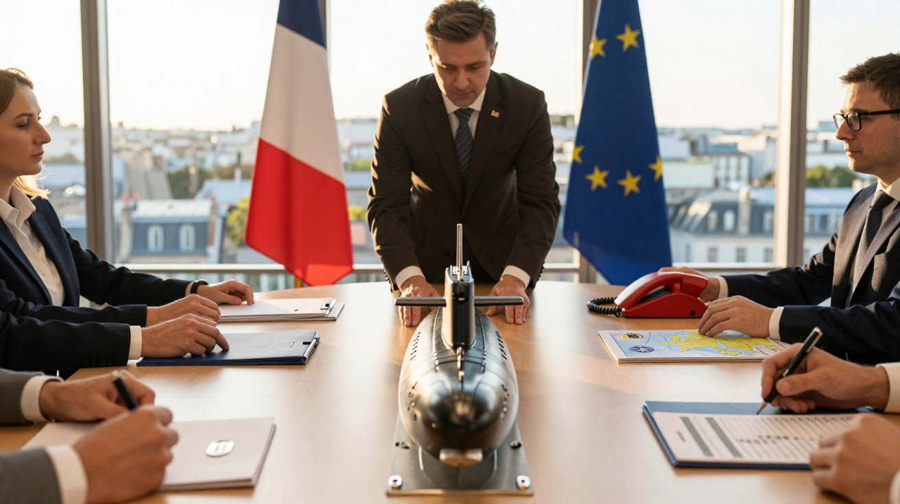 Reunião formal com cinco pessoas, modelo de submarino e bandeiras de França e União Europeia ao fundo.