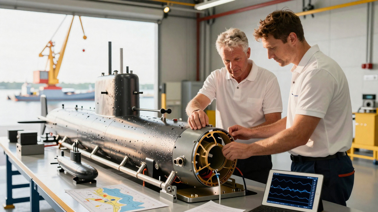 Dois engenheiros trabalhando num modelo detalhado de submarino numa oficina perto do mar.