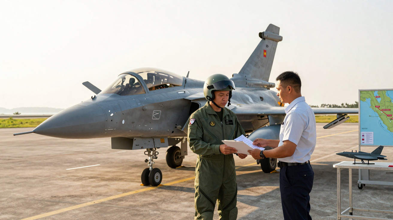Dois homens junto a um caça militar cinzento estacionado numa pista, com um mapa e modelo de avião numa mesa ao lado.