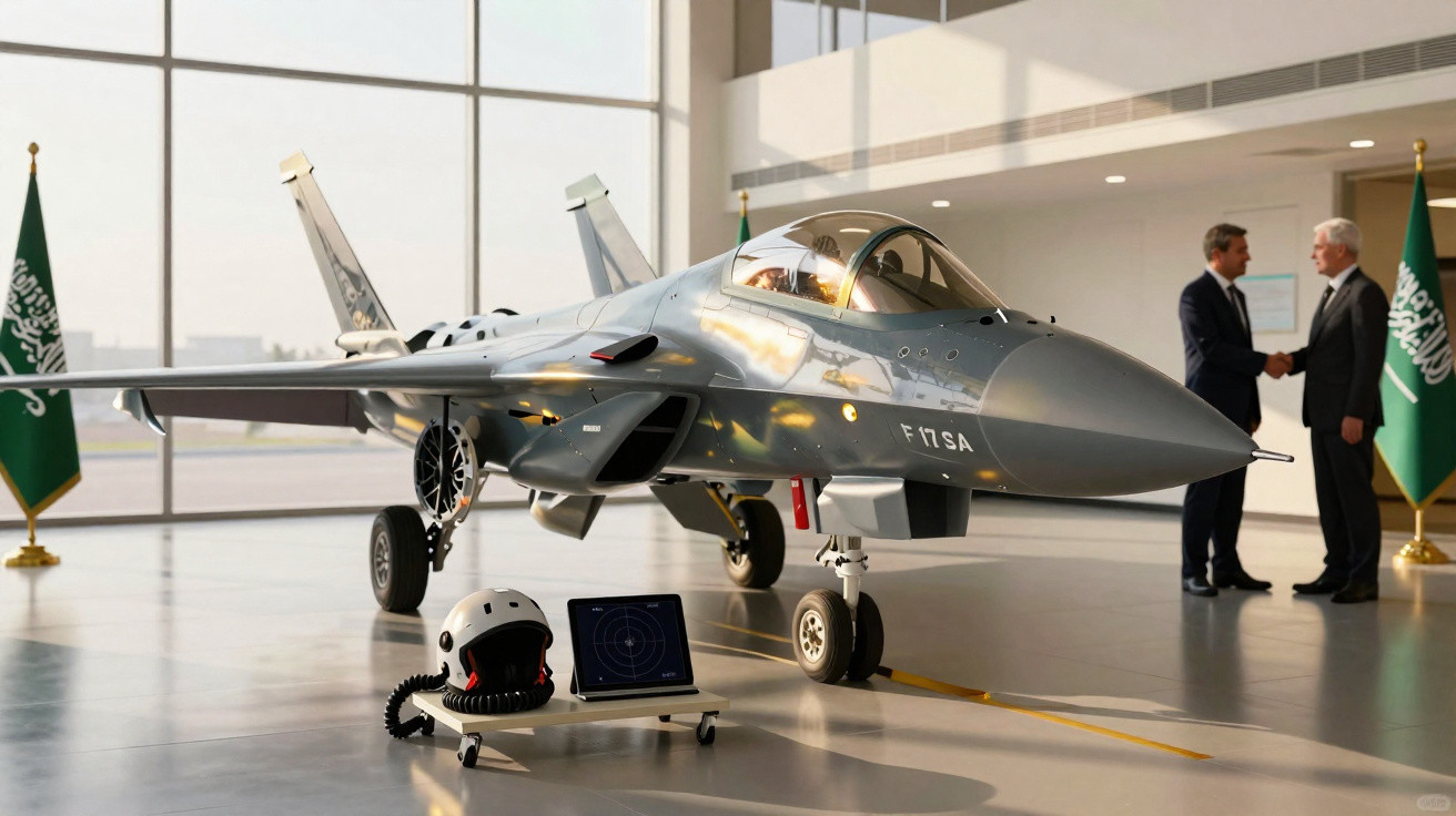 Caça F-17SA em hangar com capacete, monitor e duas pessoas a cumprimentar-se ao fundo, bandeiras da Arábia Saudita.