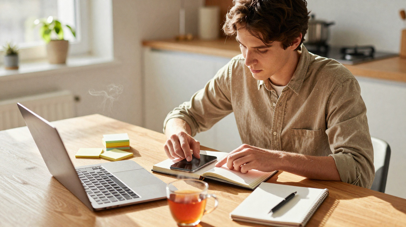 Jovem a estudar numa mesa, usando computador, a apontar algo num caderno e com chá ao lado.