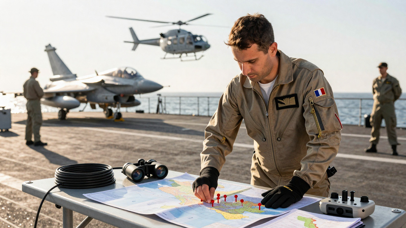Militar francês a marcar pontos num mapa a bordo de porta-aviões com avião, helicóptero e tripulação ao fundo.