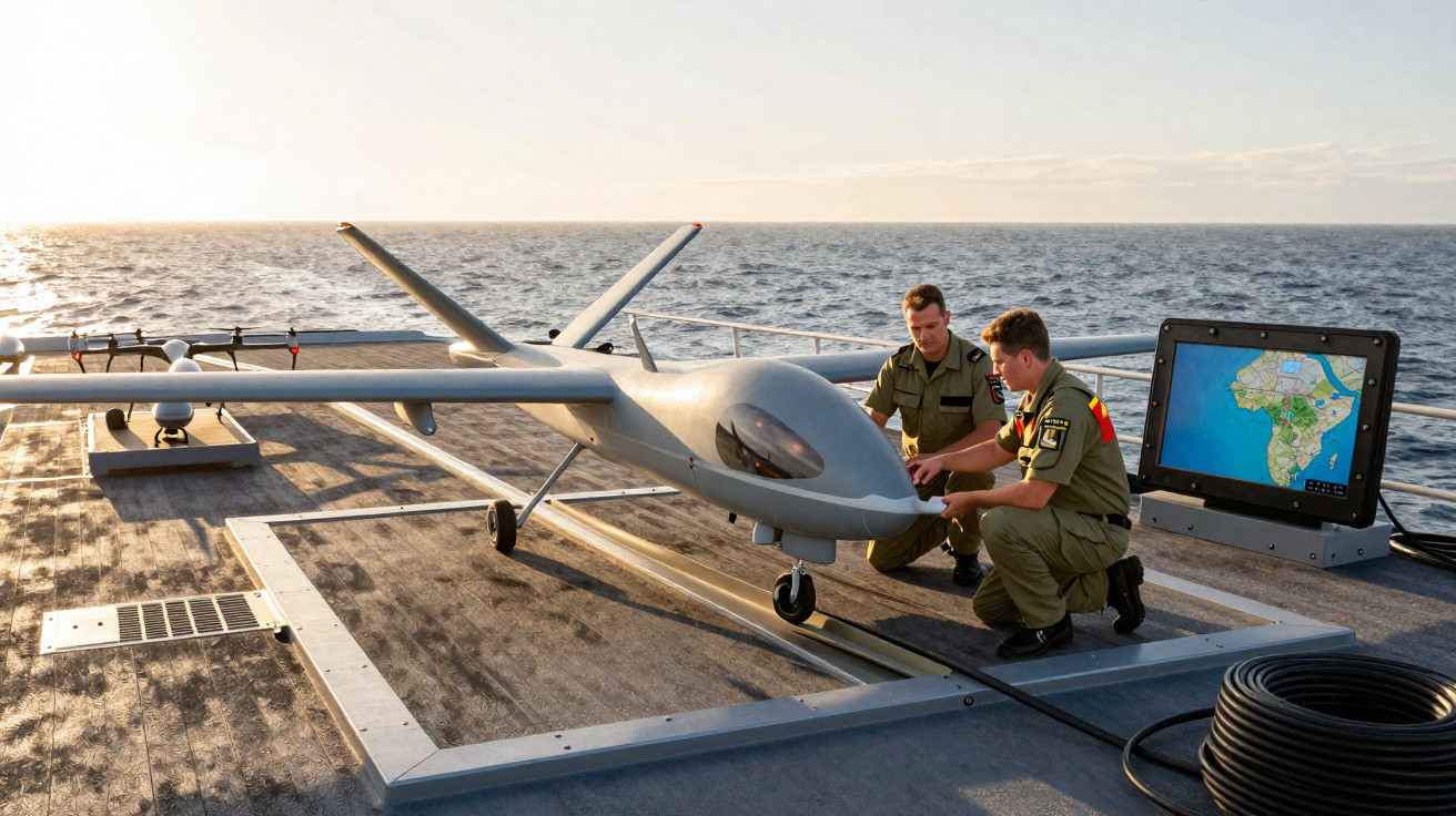 Dois militares preparam um drone numa plataforma marítima ao pôr do sol, com um ecrã de controlo ao lado.
