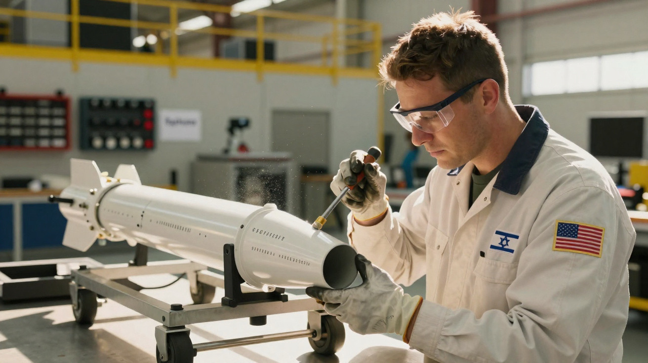 Homem com óculos de proteção e luvas trabalha em modelo de mísseis numa oficina industrial.