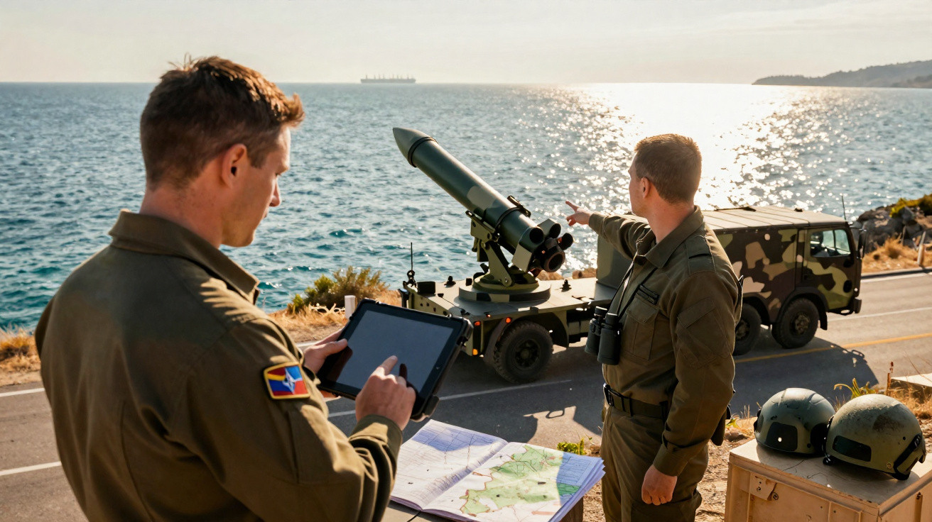 Dois militares com equipamento tático operam sistema de lançamento de mísseis junto ao mar numa estrada costeira.