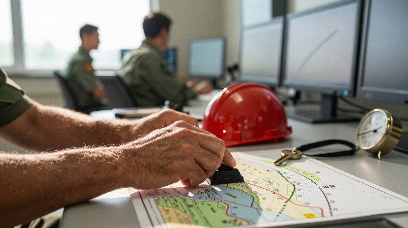 Mãos com carimbo sobre mapa, capacete vermelho e relógio na mesa, militares observam monitores ao fundo.