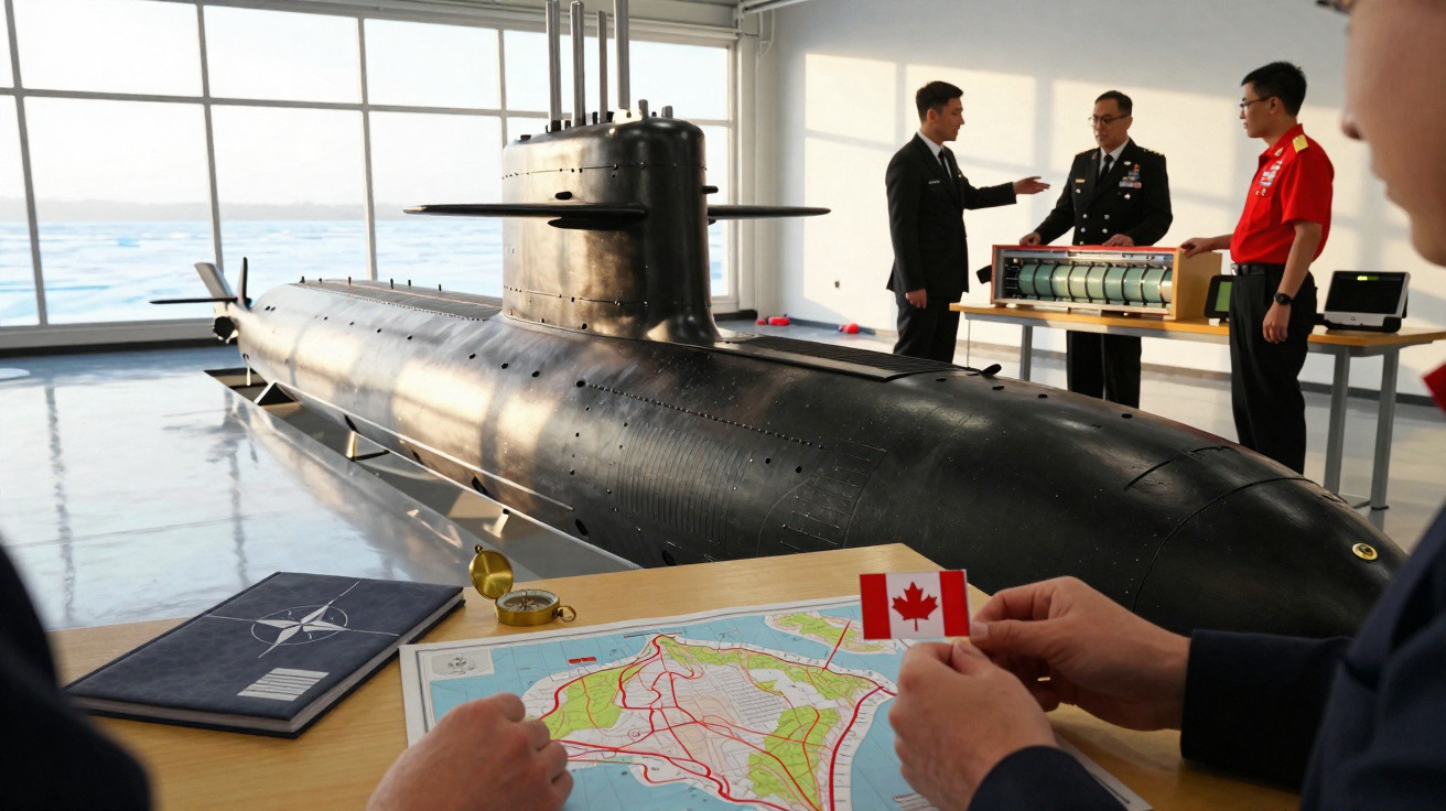 Modelo de submarino preto em exposição com quatro homens em uniformes militares e mapa sobre mesa à frente.