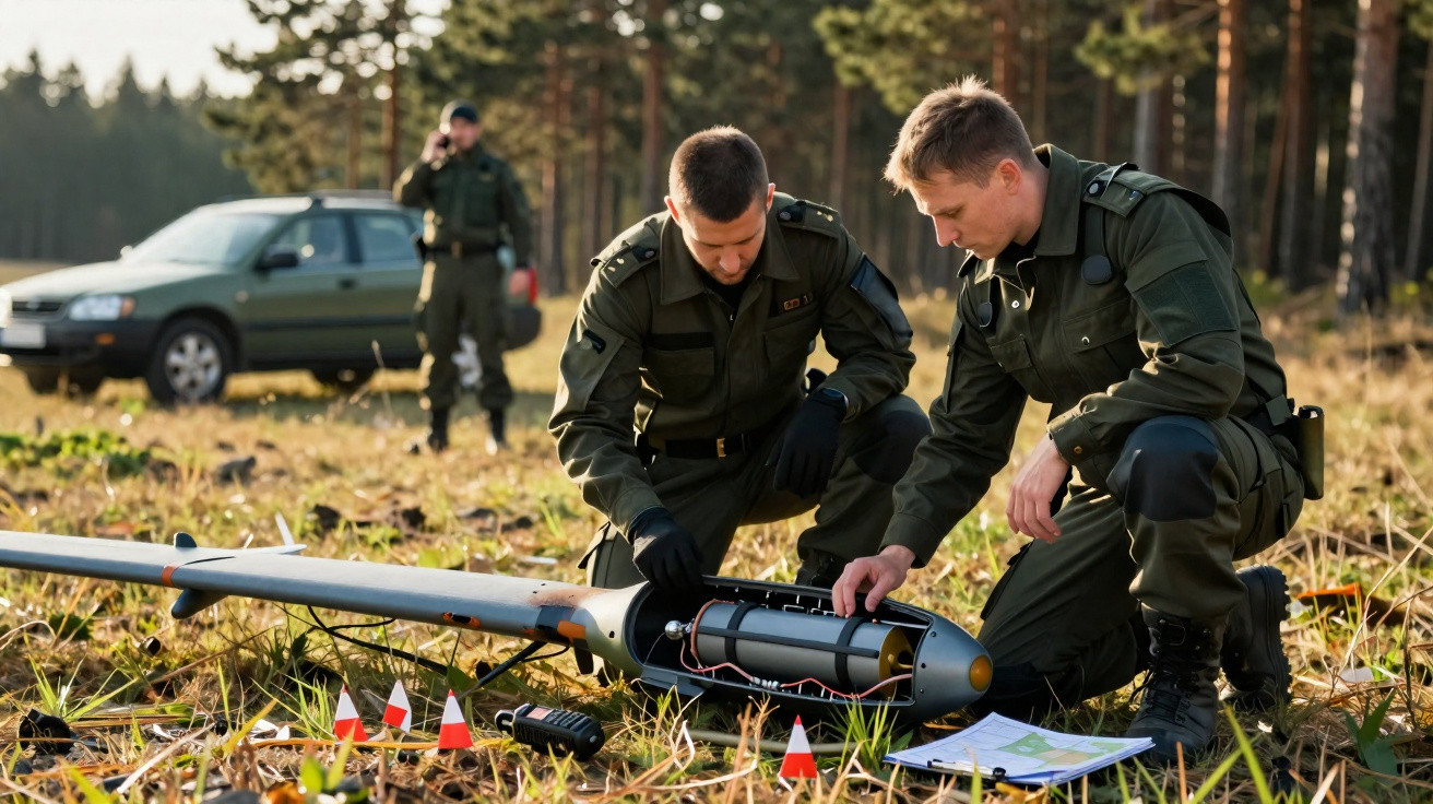 Dois militares em uniforme verificam um drone no chão de uma floresta com um veículo e outro militar ao fundo.