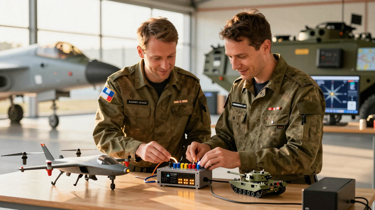 Dois militares mexem em equipamento eletrônico ao lado de modelos de drone e tanque numa base aérea.