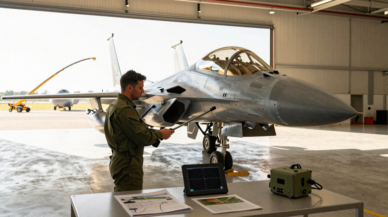 Homem em uniforme militar interage com jato de combate estacionado dentro de hangar de aeroporto militar.