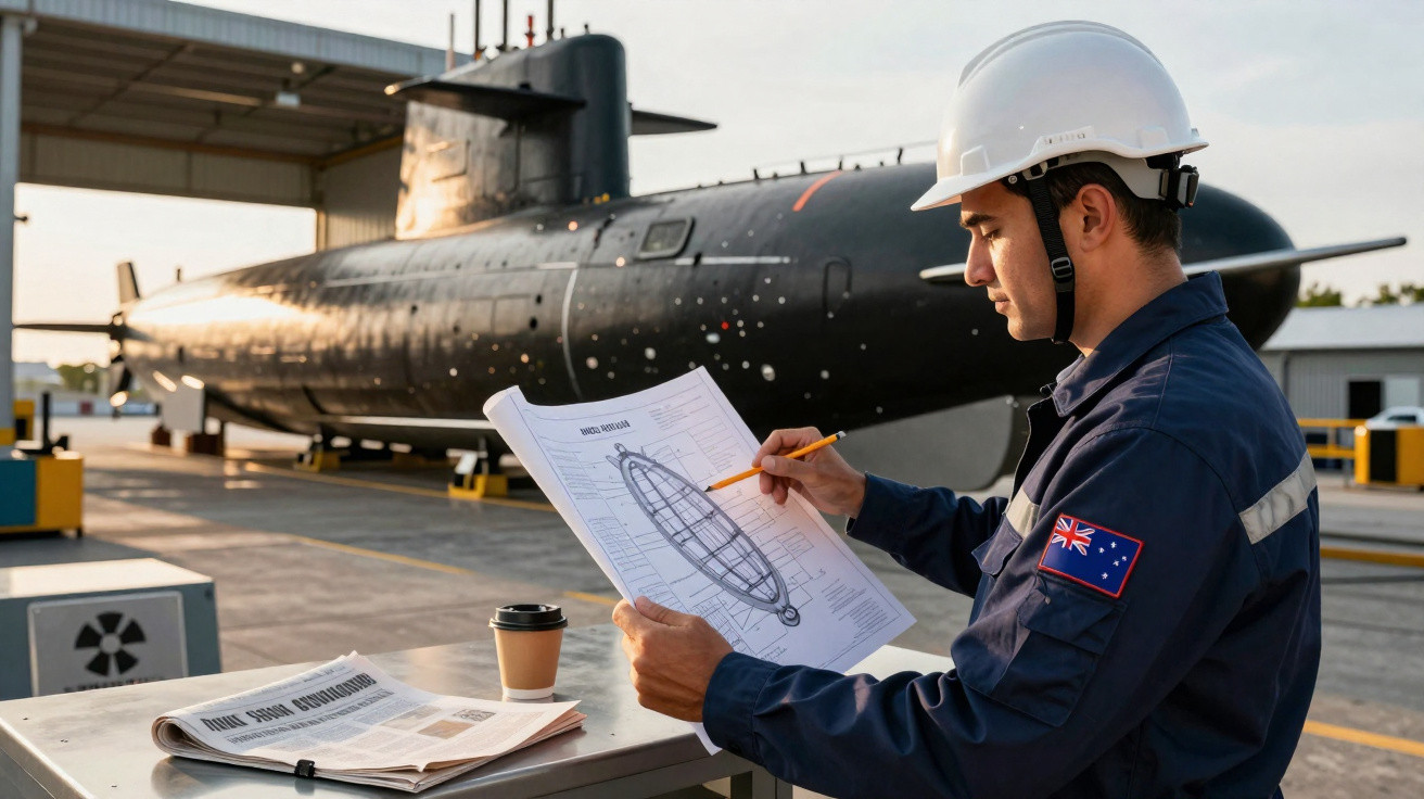 Homem com capacete branco analisa esquema de submarino em estaleiro ao ar livre.