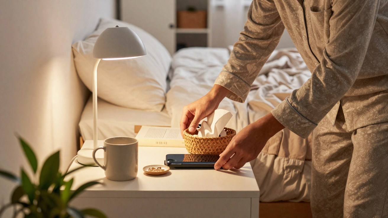 Pessoa a apanhar um lenço numa mesa-de-cabeceira ao lado da cama, com abajur e caneca branca.