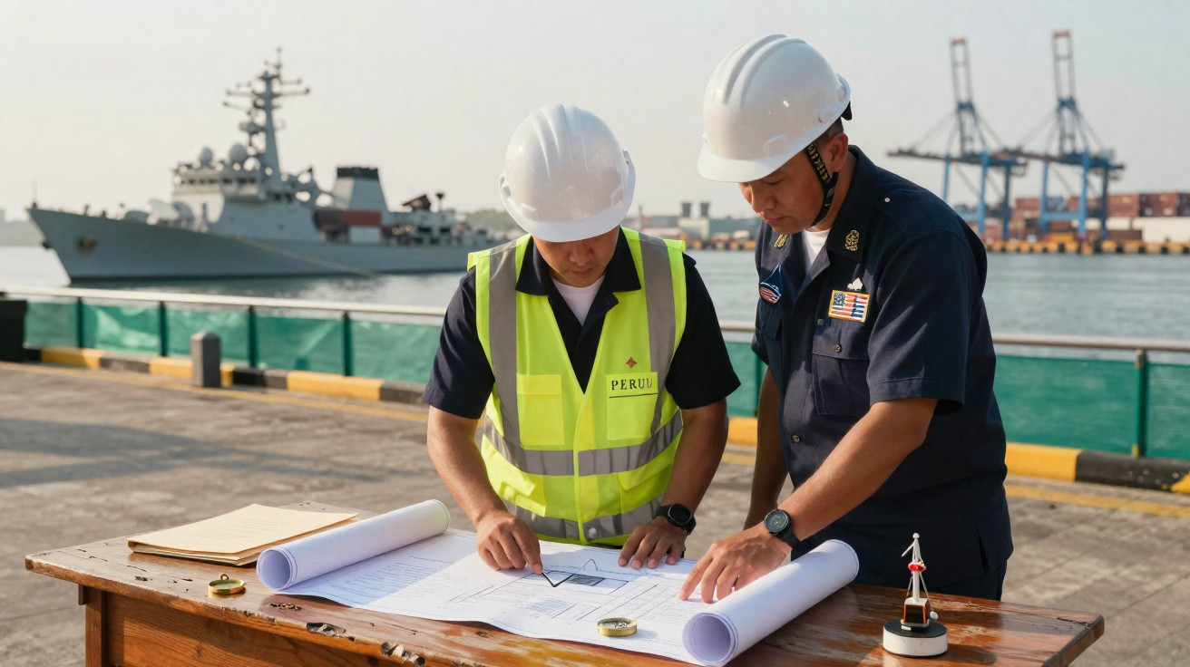 Dois engenheiros com capacete e colete de segurança analisam plantas num cais junto ao mar, com navios ao fundo.