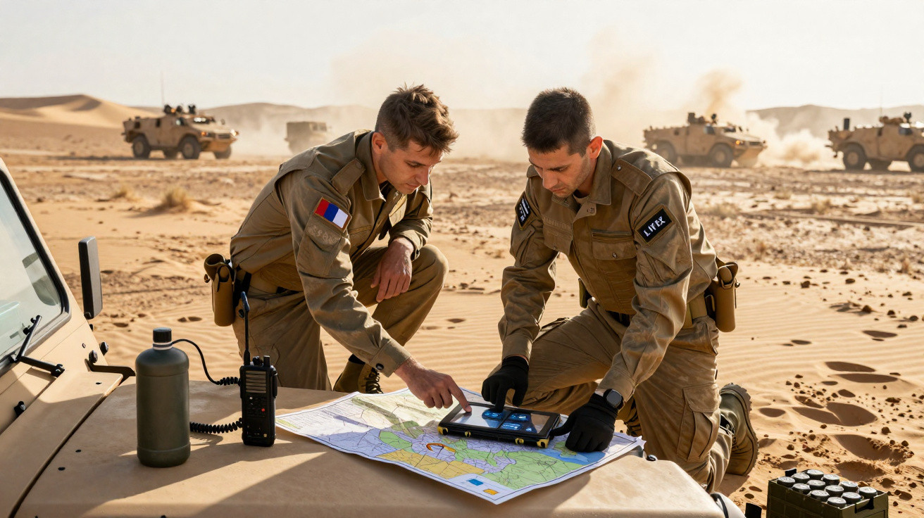 Dois militares em uniforme discutem mapa e tablet em deserto, com veículos militares ao fundo.