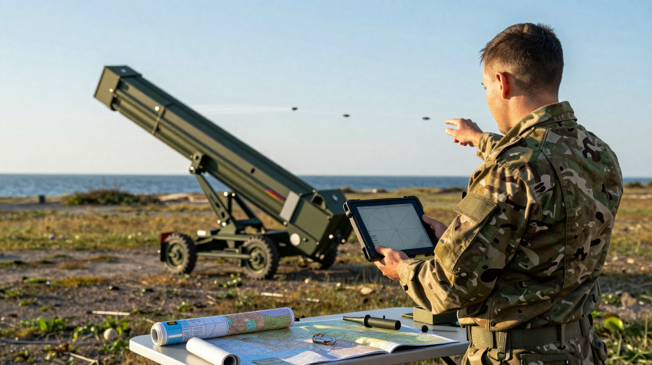 Soldado em uniforme camuflado controla lançamento de drone militar numa zona costeira, com mapas sobre mesa próxima.