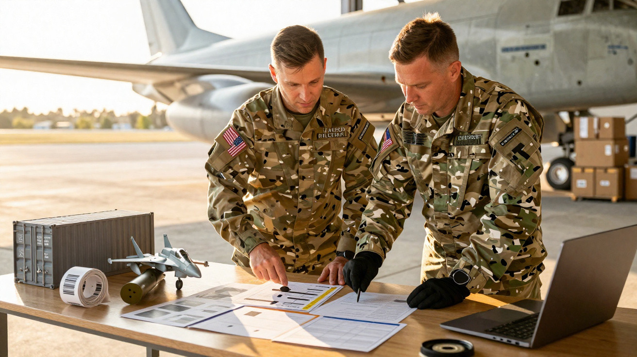 Dois soldados em uniforme camuflado planeiam missão ao lado de maqueta de avião e laptop numa pista de aeroporto.