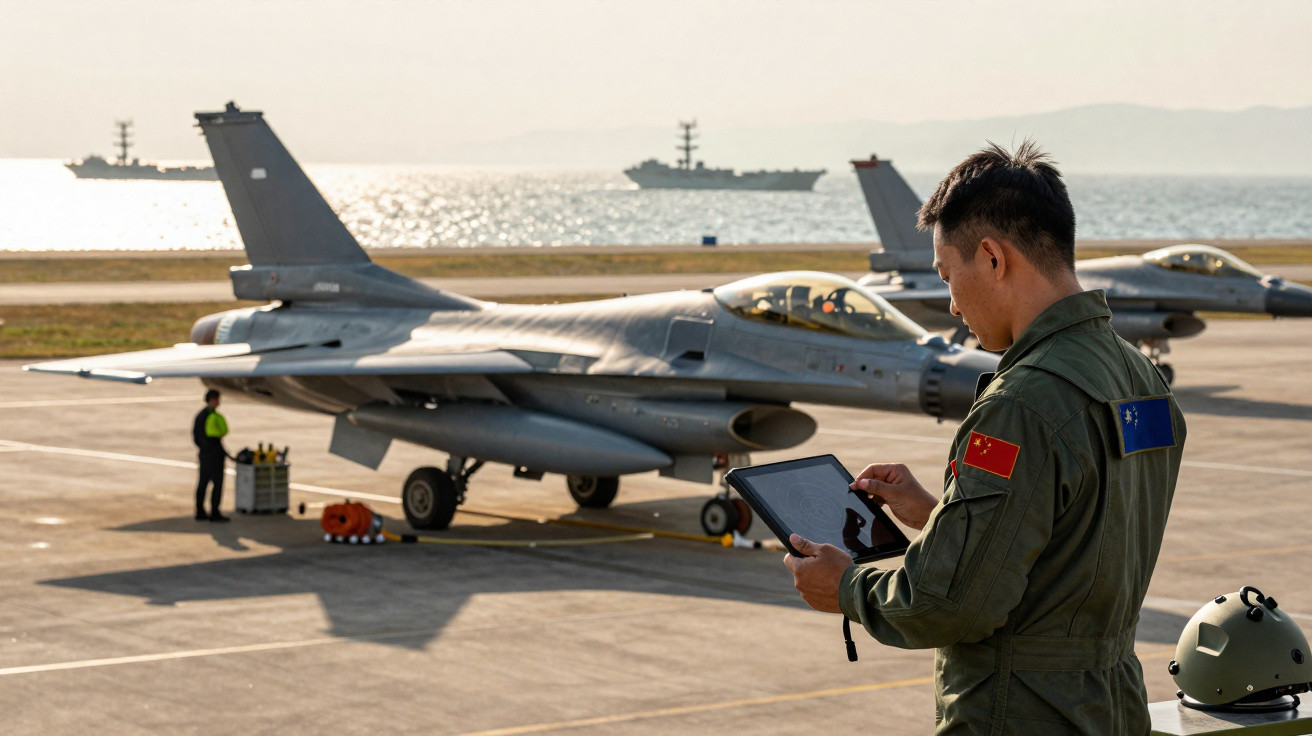 Militar com tablet em aeroporto militar perto de dois jatos de combate estacionados com o mar ao fundo.