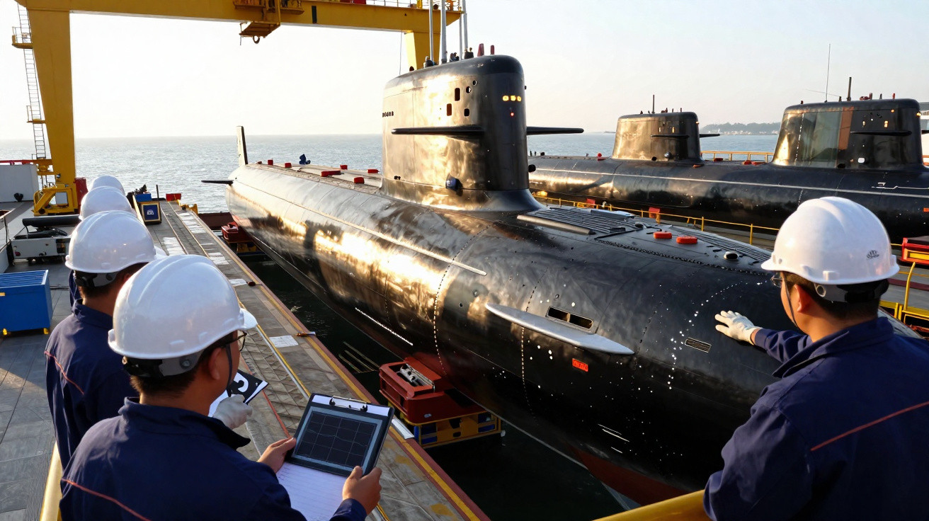 Três trabalhadores com capacetes brancos inspecionam um submarino negro ancorado durante o dia.