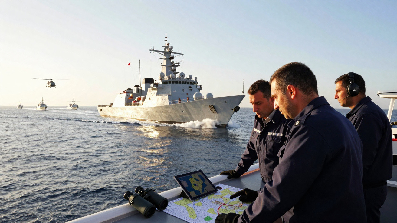 Três marinheiros a analisar mapas e dispositivos numa embarcação com vários navios militares e helicóptero no mar ao fundo.