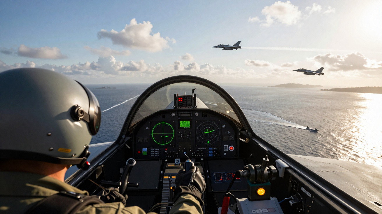 Vista do cockpit de um caça militar com piloto a voar sobre o mar e dois caças a sobrevoar ao longe.