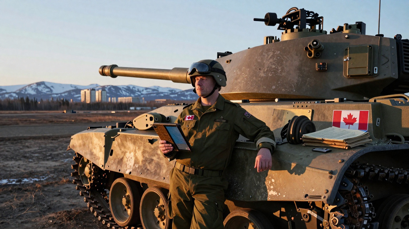 Soldado canadiano em uniforme e capacete encostado num tanque militar com bandeira do Canadá ao pôr do sol.