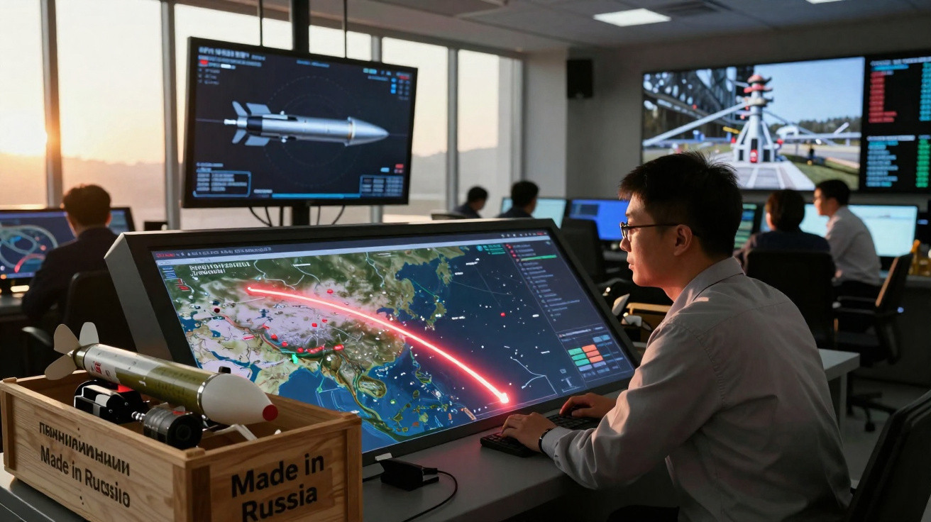 Homem trabalha numa sala de controlo com mapas e dados militares mostrados em ecrãs digitais.