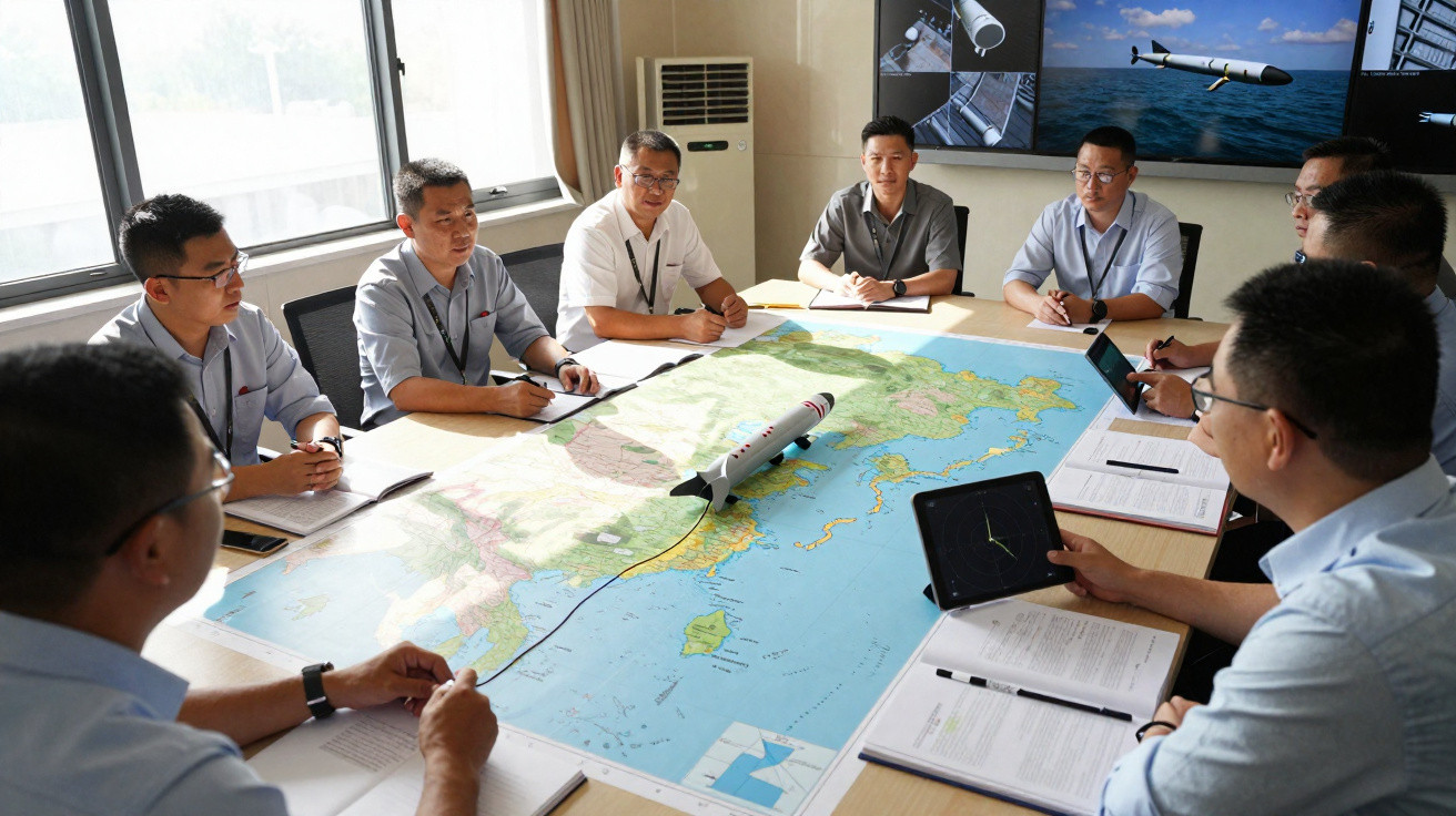 Grupo de homens reunidos à volta de uma mesa com mapa e modelo de drone, em sala de conferências.